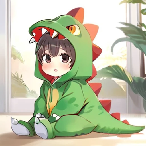 anime,dino,konglong,a 20 year old boy wear dinosaur costume,cute,solo,sunlight,style of yoneyama mai,