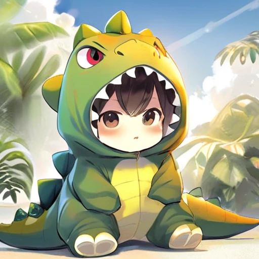 anime,dino,konglong,a 20 year old boy wear dinosaur costume,cute,solo,sunlight,style of yoneyama mai,