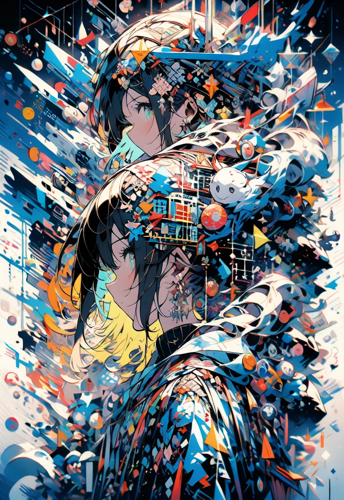 masterpiece, (beautiful and aesthetic:1.5), surrealism, highly detailed, anime, a side view painting of 1girl, wearing multicolored hoodie, blonde long hair, green eyes, red and dark blue color pallet, hard brush, gradient binary code effect, minimalist low poly collage illustration, paintings effect, heavy inking, featured on pixiv, saturated colors, hypercube, pixelsort, epic composition, epic proportion, dynamic lighting, HD