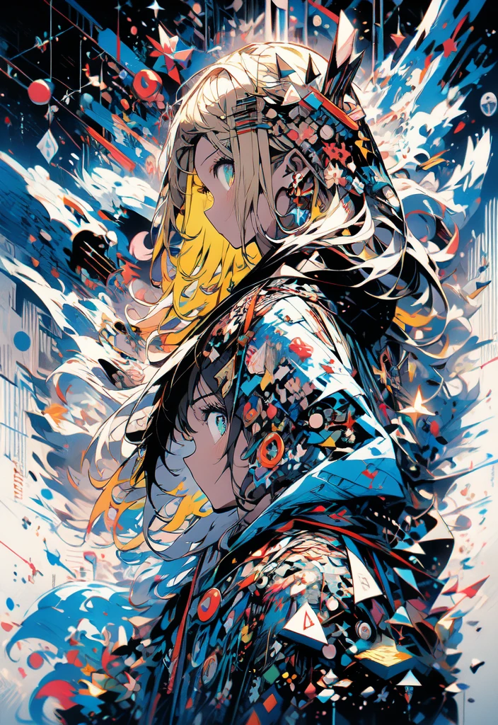 masterpiece, (beautiful and aesthetic:1.5), surrealism, highly detailed, anime, a side view painting of 1girl, wearing multicolored hoodie, blonde long hair, green eyes, red and dark blue color pallet, hard brush, gradient binary code effect, minimalist low poly collage illustration, paintings effect, heavy inking, featured on pixiv, saturated colors, hypercube, pixelsort, epic composition, epic proportion, dynamic lighting, HD