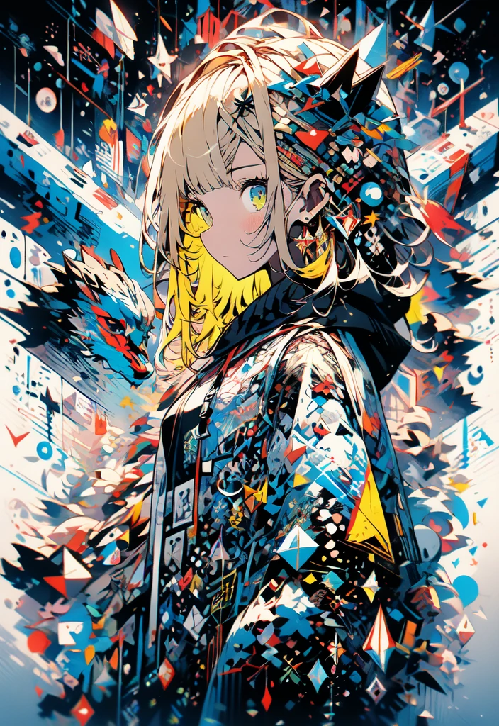 masterpiece, (beautiful and aesthetic:1.5), surrealism, highly detailed, anime, a side view painting of 1girl, wearing multicolored hoodie, blonde long hair, green eyes, red and dark blue color pallet, hard brush, gradient binary code effect, minimalist low poly collage illustration, paintings effect, heavy inking, featured on pixiv, saturated colors, hypercube, pixelsort, epic composition, epic proportion, dynamic lighting, HD