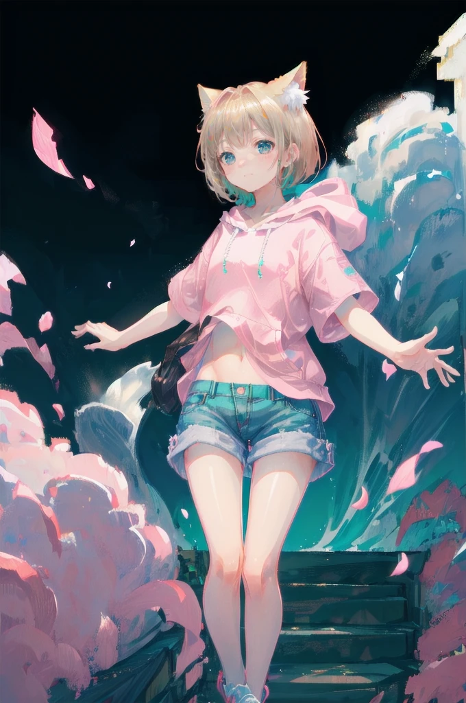 Blonde、Denim shortasterpiece)), ((Highest quality)), (anime:1.4), (Super detailed:1.2), (High resolution:1.3), (Professional photography:1.3), (Wide Shot), (Sharp focus), (Perfect light), ((12 years old)), One girl, profile, Cinema Lighting, Textured skin, (Cat ear), Light brown hair, 乱れたShortcutsヘア, Cute beautiful teenage girl, (Healthy slim body), (Pink short sleeve hoodie:1.3), Very good, (Exposed neck), Slender body, Small breasts, Mischievous Smile, blush, (Turquoise unfocused eyes), Beautiful clavicle, (A little exposed cute thighs), break, ((Highest quality)), (Super detailed), (Beautiful colorful flower field), Dancing Petals,Blonde、Shortcuts、Pink hoodie、Denim shorts、Black sneakers、Cat ear、Belly button、Show your belly