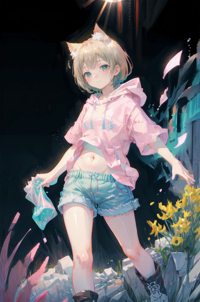 Blonde、Denim shortasterpiece)), ((Highest quality)), (anime:1.4), (Super detailed:1.2), (High resolution:1.3), (Professional photography:1.3), (Wide Shot), (Sharp focus), (Perfect light), ((12 years old)), One girl, profile, Cinema Lighting, Textured skin, (Cat ear), Light brown hair, 乱れたShortcutsヘア, Cute beautiful teenage girl, (Healthy slim body), (Pink short sleeve hoodie:1.3), Very good, (Exposed neck), Slender body, Small breasts, Mischievous Smile, blush, (Turquoise unfocused eyes), Beautiful clavicle, (A little exposed cute thighs), break, ((Highest quality)), (Super detailed), (Beautiful colorful flower field), Dancing Petals,Blonde、Shortcuts、Pink hoodie、Denim shorts、Black sneakers、Cat ear、Belly button、Show your belly
