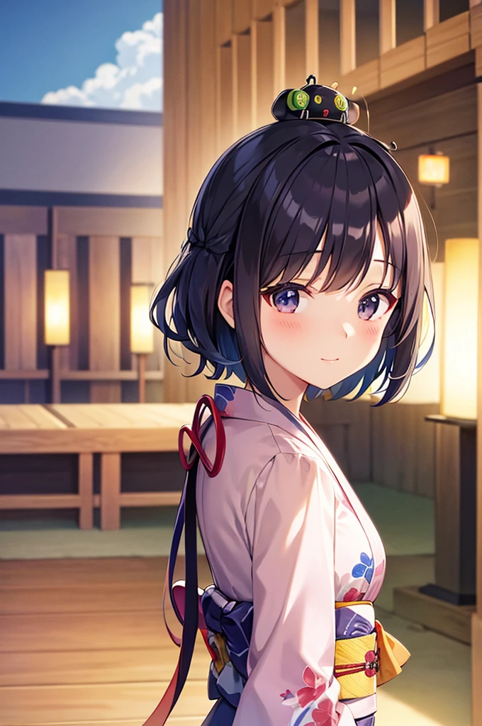 Yukata Girls Beetle on head、The background is a summer festival