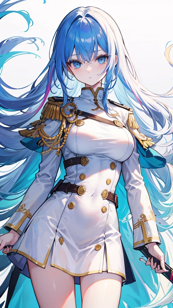 rainbow colored hair, expressionless, neat white uniform, holding a sword, very large breasts, long straight hair, blue eyes
