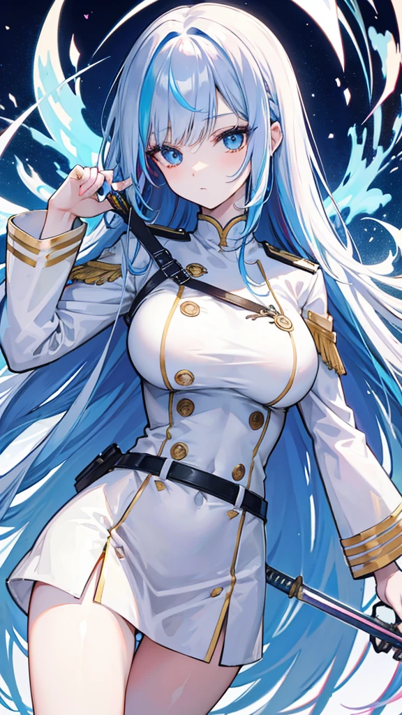 rainbow colored hair, expressionless, neat white uniform, holding a sword, very large breasts, long straight hair, blue eyes