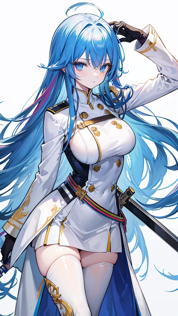 rainbow colored hair, expressionless, neat white uniform, holding a sword, very large breasts, long straight hair, blue eyes