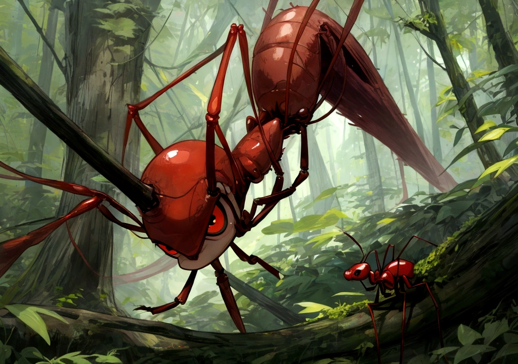 red ants, cartoon, big eyes, cartoon art, dense forest