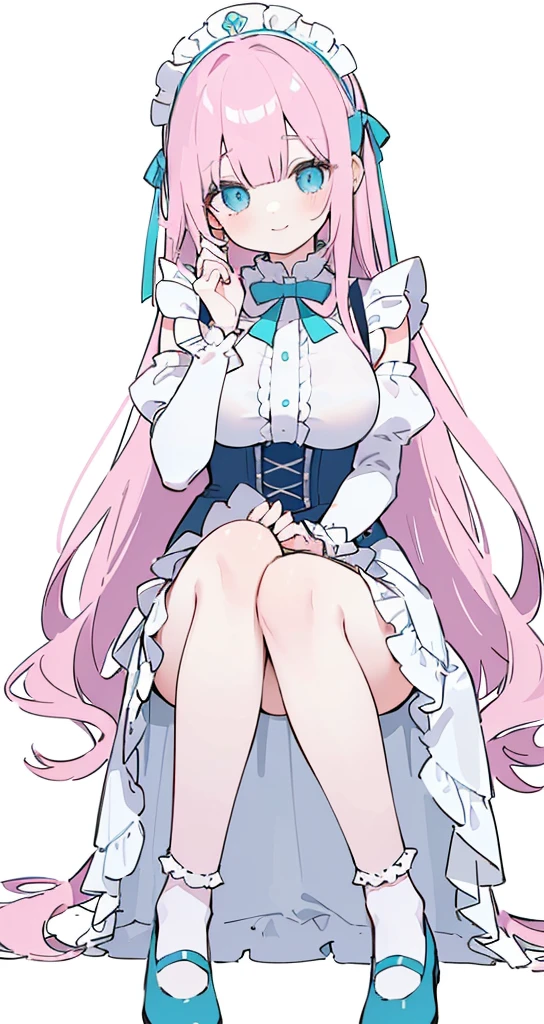 (long beautiful pinky hair) blue cutes eyes, (Eyes behind long bangs) big breasts, Sitting pose using accessories (using socks) perfect shiny beautiful cyan shoes (Wearing luxurious palace maid clothes Perfect perfect noble) Pose facing sideways (Girl1, straight hair not too long, bangs covering one eye, soft face, gentle smile) long pink hair, beautiful cyan eyes (Sitting pose, right hand down, left hand down, leaning pose, smile kawai, (blank white background) Wearing a blue corset, (Using a beautiful bright blue ribbon) Kawai shy cute eyes (cyan colored shoes must be shiny, Must wear short white socks) Short custom maid sleeves reaching mid-shoulder