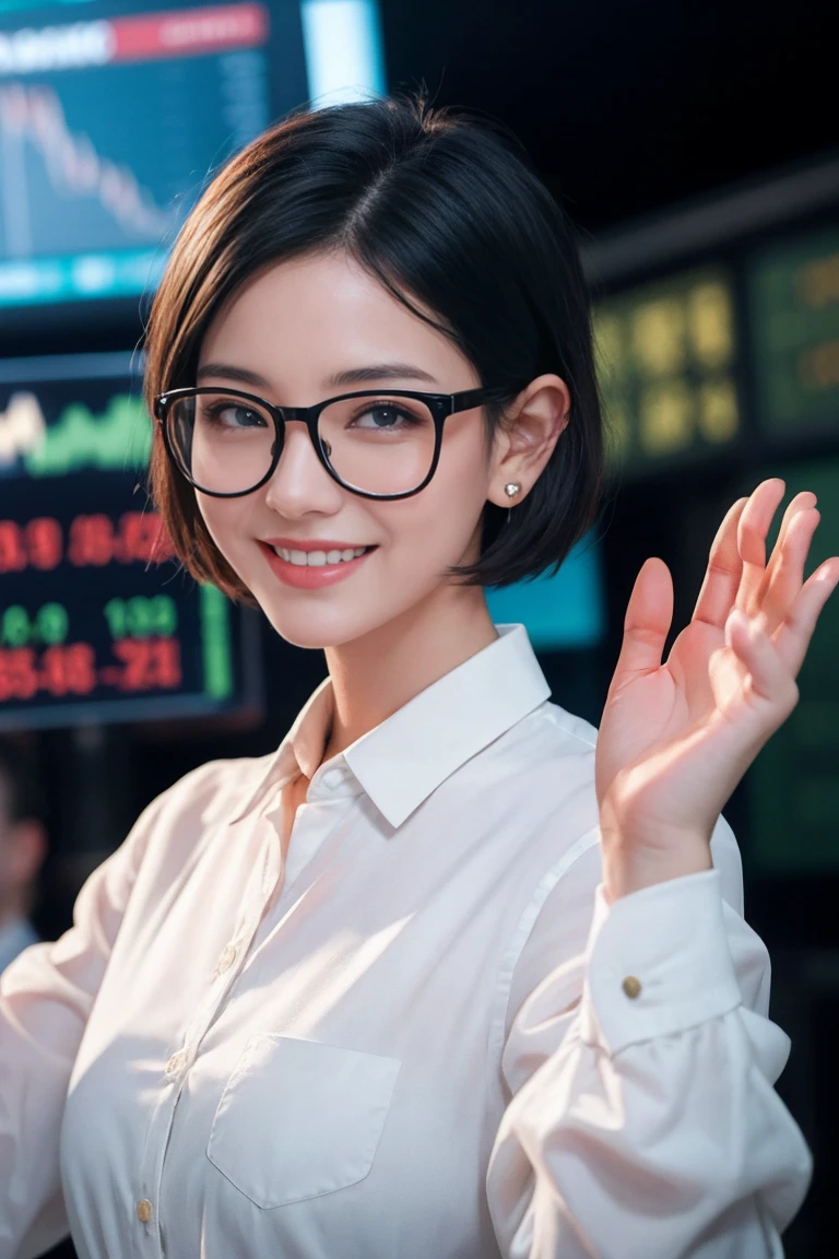 a girl with short hair, wearing transparent glasses, smiling and raising her hand, in a stock market setting, half-body shot, small ears, high quality, non-deformed, extremely detailed facial features, hyper realistic, 8k, photorealistic, vibrant colors, dramatic lighting, cinematic, beautiful, elegant, dynamic pose