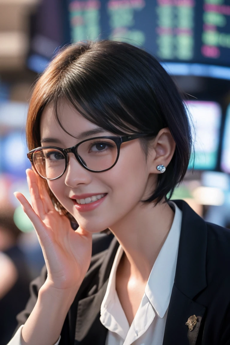 a girl with short hair, wearing transparent glasses, smiling and raising her hand, in a stock market setting, half-body shot, small ears, high quality, non-deformed, extremely detailed facial features, hyper realistic, 8k, photorealistic, vibrant colors, dramatic lighting, cinematic, beautiful, elegant, dynamic pose
