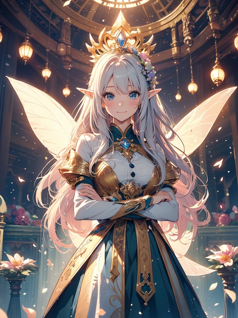 最high quality、1woman elf 、Beautiful foam、、CourtyardShining fairy wings、Flower fractal art　　、see-throughbodystocking,underwear,Beautiful side shot, radiance,High-definition depiction, Realistic, 8K, Unity, beautiful Shot, light smile, Beautifully and vividly drawn, , Beautiful, beautiful, clear skin、sexly,beautiful underwear,Countless rays of light pouring down, Swirling Light, big background, Raise one arm above your head, Intense light is emitted from the magic circle in front of the girl.   forest、Lots of leaves、green leaves、flower、Particles of light、Bedroom at night、Magic Palace、Fairy tale、
Romanticism,Cowboy Shot: The most beautiful form of chaos, Mr..々colour, Intertwined flowers, Particle,magical gentle light,smile,sexly,image quality、masterpiece、Beautiful Face、Super beautiful elf woman((Big breasted 22 year old office lady、Bust 100,Beautiful long ironed hair 、bionde hair,height: 165cm。、sexly、ANDsbian、、high quality、、Visual art、Written boundary depth、、ANDlf ANDars、、universe、Happy smile、gentle light、ANDlf forest、elegant、ticker beautiful decorative、、magic、forest、beautiful tiara、Beautiful bed、Beautiful Landscape、A kind smile、wonderful、Fluttering petals、Dance happily、、Cultivate fantasy、、Mystery light　Lots of flowers、、art、forest, palace, art,mystery,Ultra-high resolution,atmosphere A colorful and dreamy anime-style illustration of a young girl with beautiful hair,美しい森. She is wearing a casual outfit with mechanical leg armor, surrounded by a kaleidoscope of colors and glowing lights. The background is filled with whimsical details and a magical atmosphere. --ar 3:4 --style raw --stylize 600 --niji 6、Throne