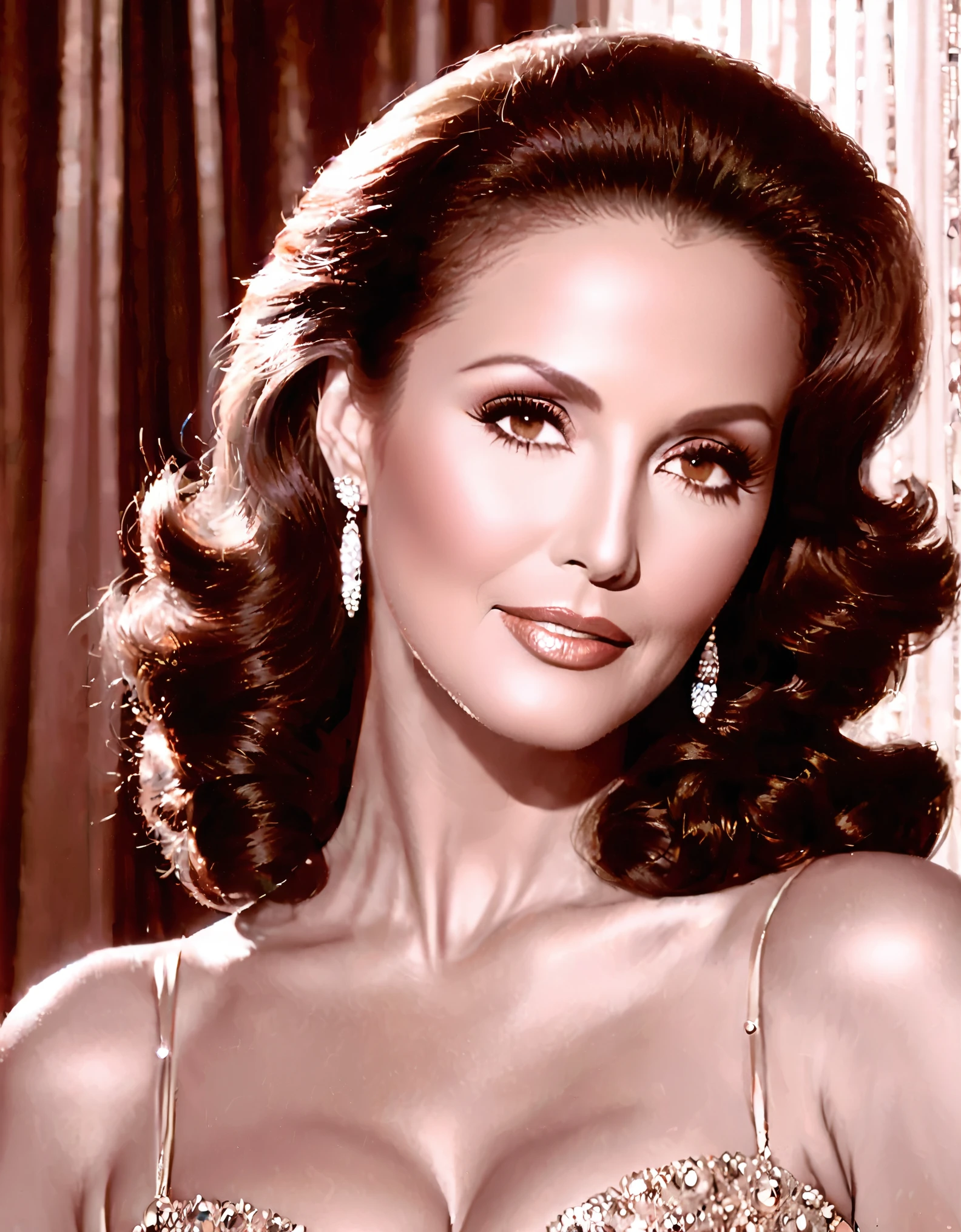 Generate a portrait of Lynda Carter exuding timeless elegance and vintage glamour. Envision her in a classic Hollywood setting with soft, flattering lighting. Emphasize her features with a touch of sophistication, perhaps inspired by the golden age of Hollywood.