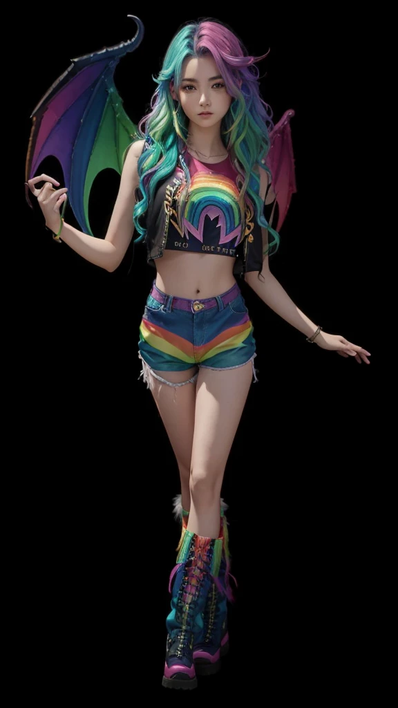 A beautiful girl in full body, with wavy rainbow colored hair, with rainbow dragon wings, com cropped cor arco-íris, with rainbow-colored shorts and furry rainbow-colored boots.