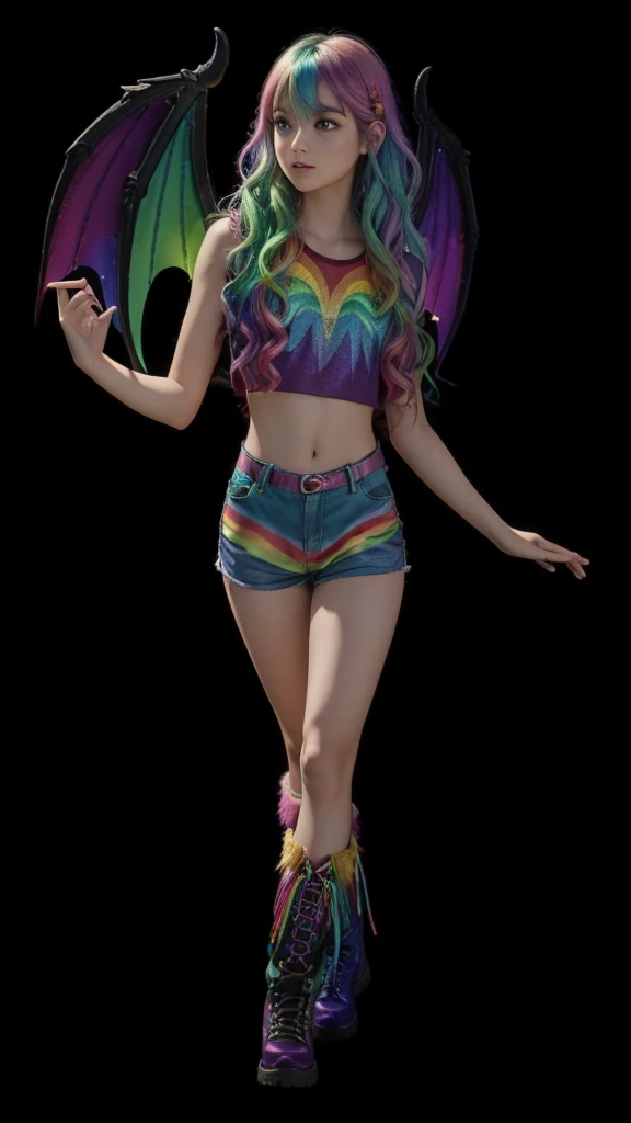 A beautiful girl in full body, with wavy rainbow colored hair, with rainbow dragon wings, com cropped cor arco-íris, with rainbow-colored shorts and furry rainbow-colored boots.