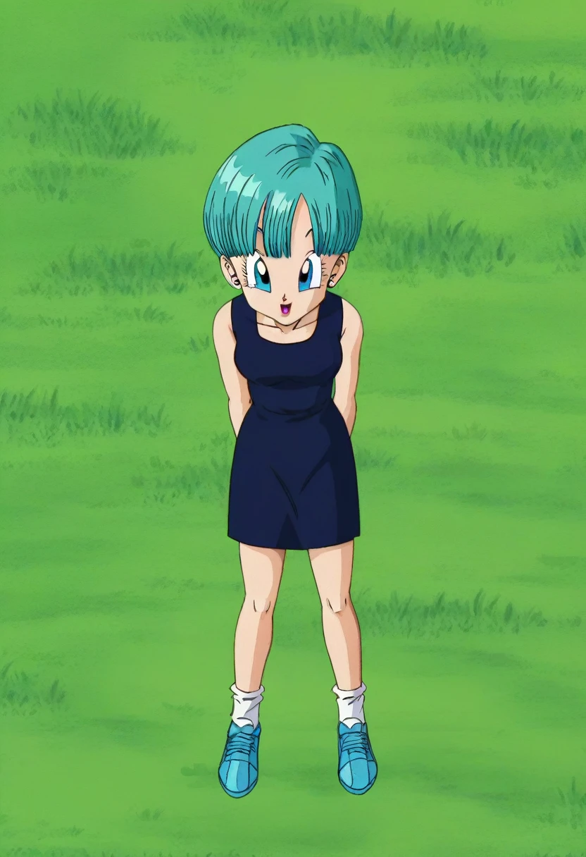fountain_cheered up, score_9, score_8_above, score_7_above, cheered up screencap,
BULMA, 1 girl, Alone, buu saga, aquamarine hair, very short hair, bowl cut, Blue eyes, wristwatch, , dark blue dress , sleeveless, White socks , Dark blue sneakers , Grass, Field, from ,