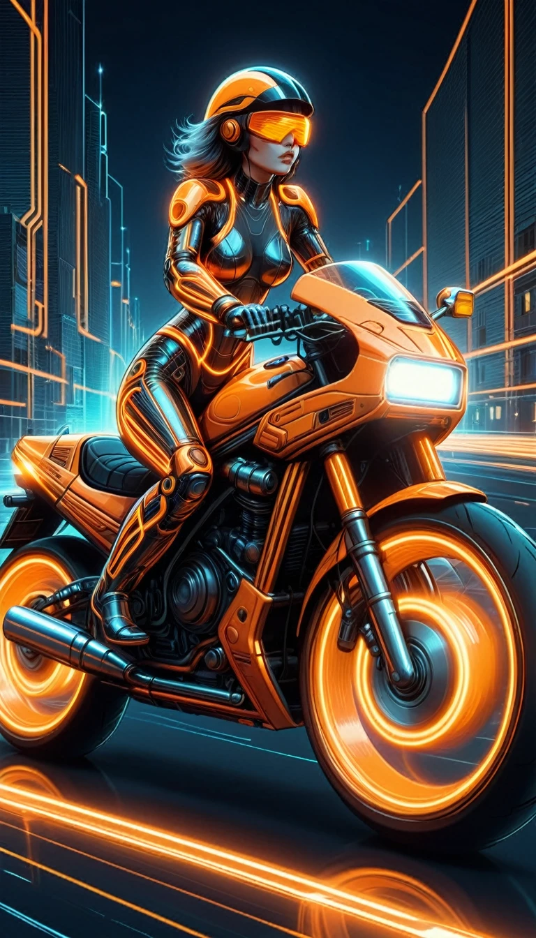 Cyberspace Madness, Woman driving motorcycle, Orange glowing outline, Light trail, Dynamic pose, grid, Motion Blur, cyber punk, 1980s, Retro, sf, city(masterpiece:1.2), Highest quality, (Ultra-detailed, Most detailed:1.2), High resolution textures