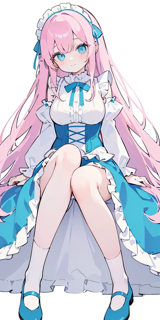 (long beautiful pinky hair) blue cutes eyes, (Eyes behind long bangs) big breasts, Sitting pose using accessories (using socks) perfect shiny beautiful cyan shoes (Wearing luxurious palace maid clothes Perfect perfect noble)  Pose facing sideways (Girl1, straight hair not too long, bangs covering one eye, soft face, gentle smile) long pink hair, beautiful cyan eyes (Sitting pose, right hand down, left hand down, leaning pose,  smile kawai, (blank white background) Wearing a blue corset, (Using a beautiful bright blue ribbon) Kawai shy cute eyes (cyan colored shoes must be shiny, Must wear short white socks) Short custom maid sleeves reaching mid-shoulder 