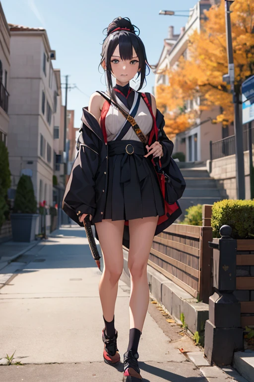 create an anime girl in a with a samurai sword in a luxurious school landscape and who is 18 years old