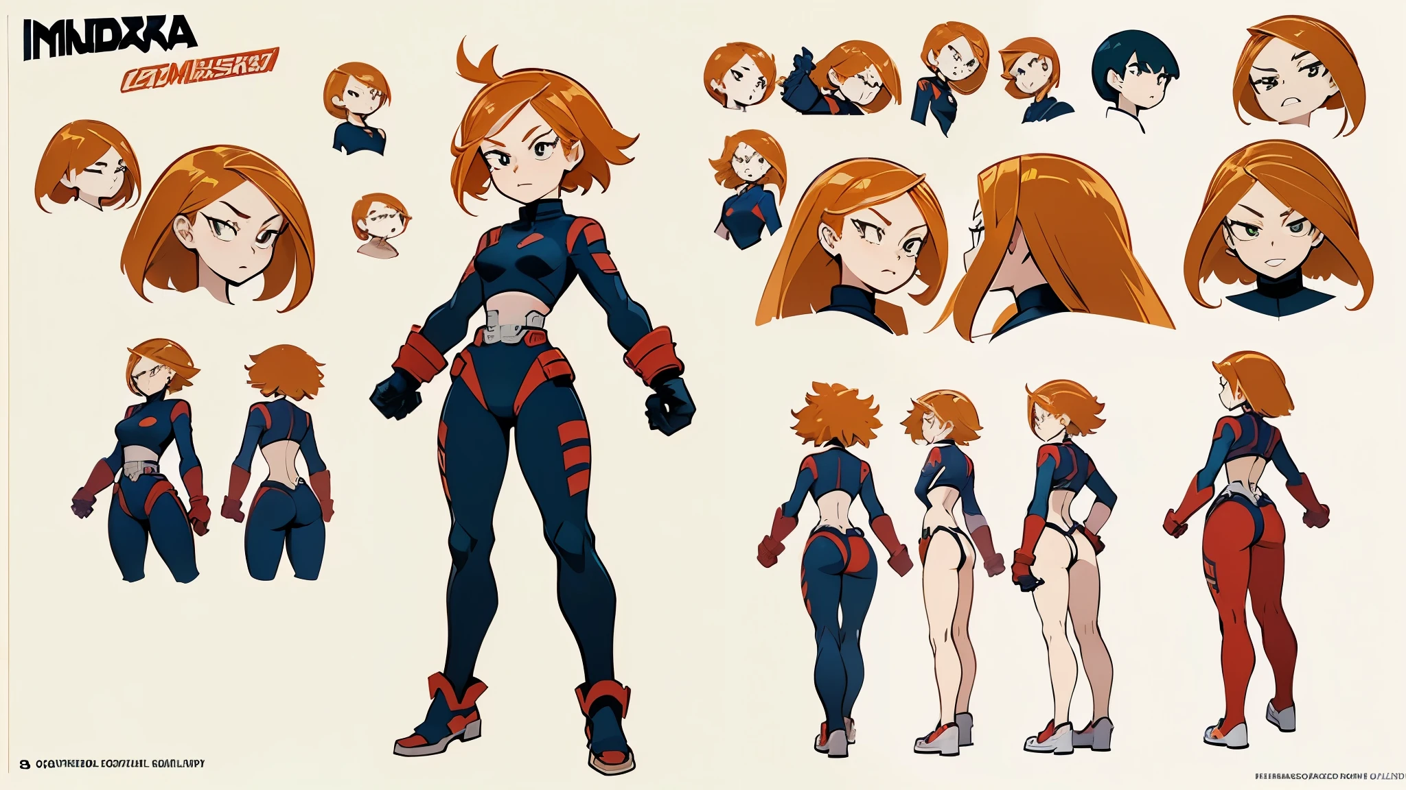 ((My Hero Academia Style)), ((kim possible)), cartoon, bodysuit, armor, ((Sexy armor)), ((perfect anatomy)), ((perfect hands)), ((perfect face)), ((super detailed)), ((full body photography:1.5)), ((High resolution)), ((concept art of character)), ((Character Design Sheet)), (Same role), (frontage), (Lateral face), (on back), ((three sided view)),