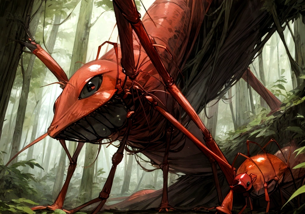 red ants, cartoon, big eyes, cartoon art, dense forest