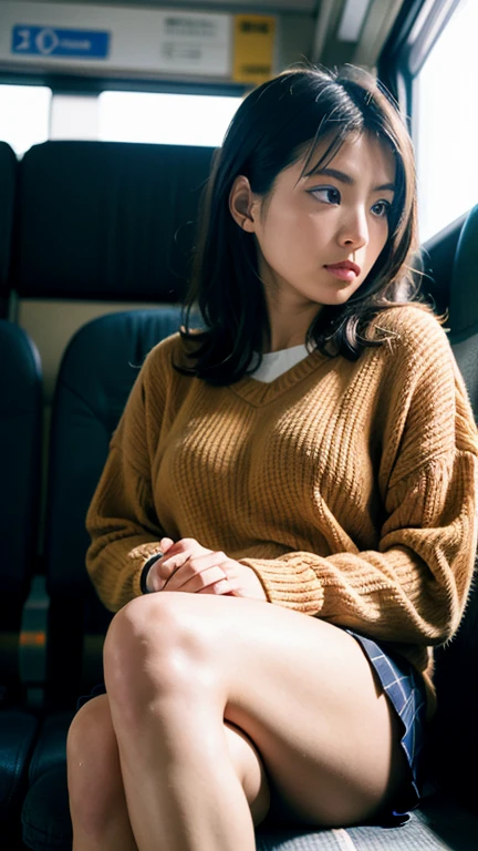 masterpiece, High resolution, Ultra High resolution, 4K, Black Hair, Japanese Girls, Uniform skirt, Accentuate your thighs, White thighs, Soft thighs, Shiny thighs, Sitting on a train, Facing angle, Angle from below, Sitting on a train Seat, Sit in front, Zoom camera to hip joint, Put your feet on the train floor, whole body, Looking down and sleepy, Only watching the audience, Highest quality, Ultra High resolution, Realistic, High resolution, detailed, RAW Photos, sharp, Nikon Film Stock Photos, Rich lens color, Ultra-realistic and realistic texture, Dramatic lighting, Unreal Engine,