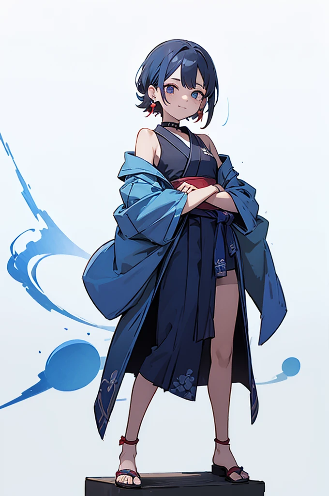 Blue and green yukata、Red and blue hair、Mischievous face、Choker on neck、Big earrings、The earrings are red、Arms crossed、Only the mouth is smiling、Straw sandals、Choker on right leg、Shoulders are out(whole body、Are standing、、White background)