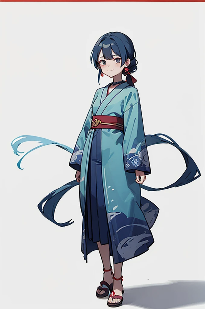 Blue and green yukata、Red and blue hair、Mischievous face、Choker on neck、Big earrings、The earrings are red、Arms crossed、Only the mouth is smiling、Straw sandals、Choker on right leg、Shoulders are out(whole body、Are standing、、White background)