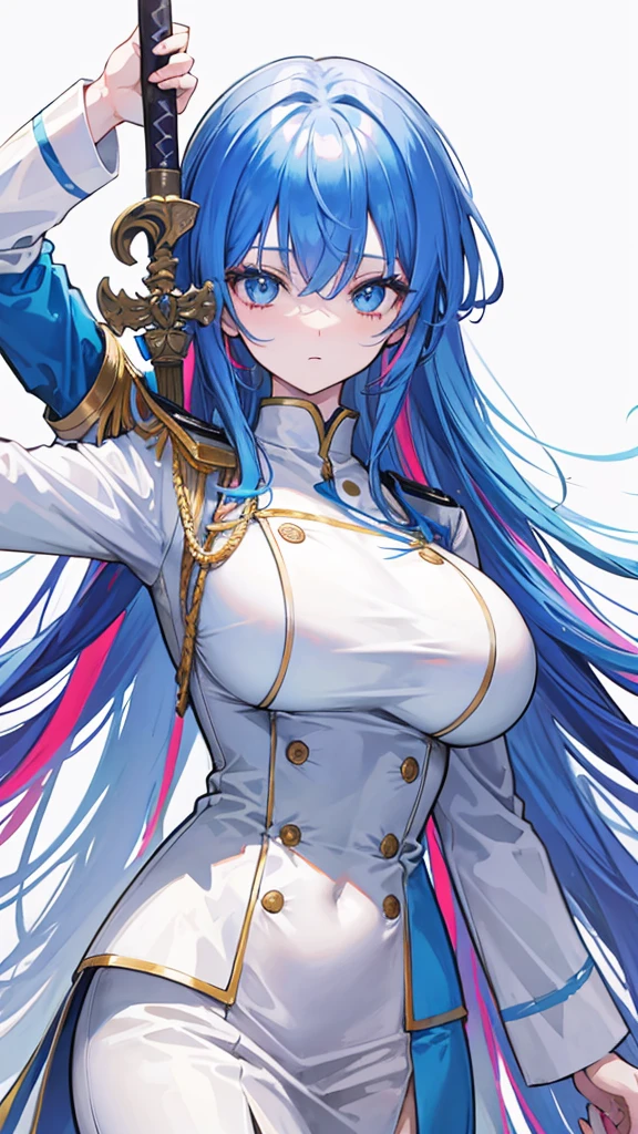 rainbow colored hair, expressionless, neat white uniform, holding a sword, very large breasts, long straight hair, blue eyes