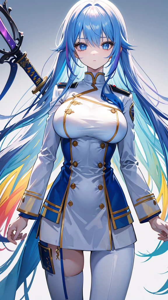 rainbow colored hair, expressionless, neat white uniform, holding a sword, very large breasts, long straight hair, blue eyes