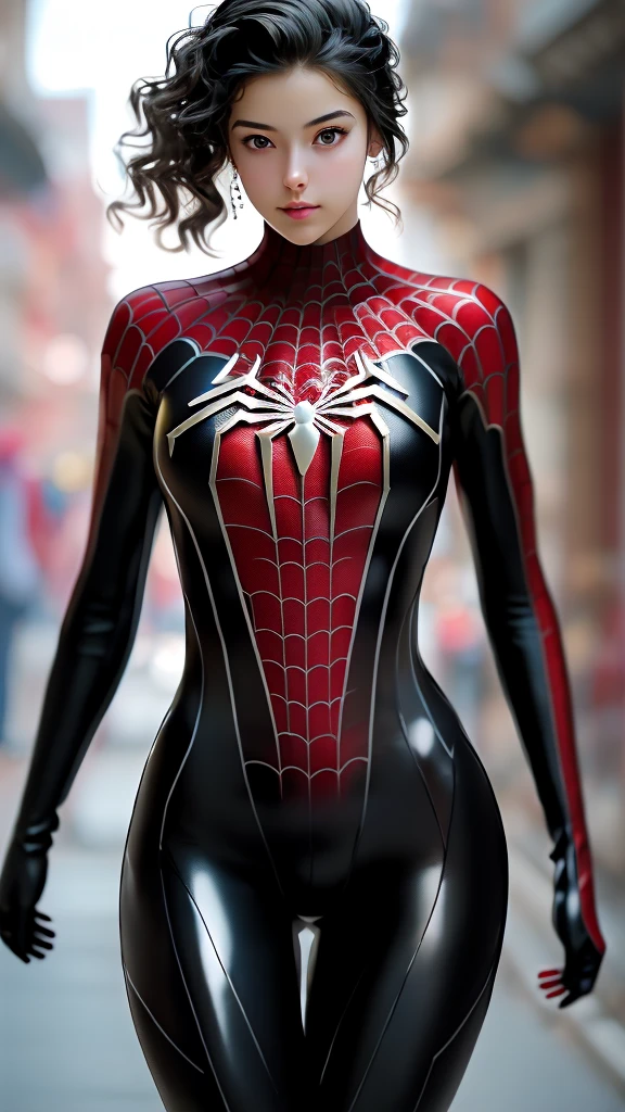 blurry backround,depth of field,
black spiderman costume,1 girl, alone,lips, (shiny skin:1.5)skintight, mole under eye, blond hair,
spider web print, gloves
