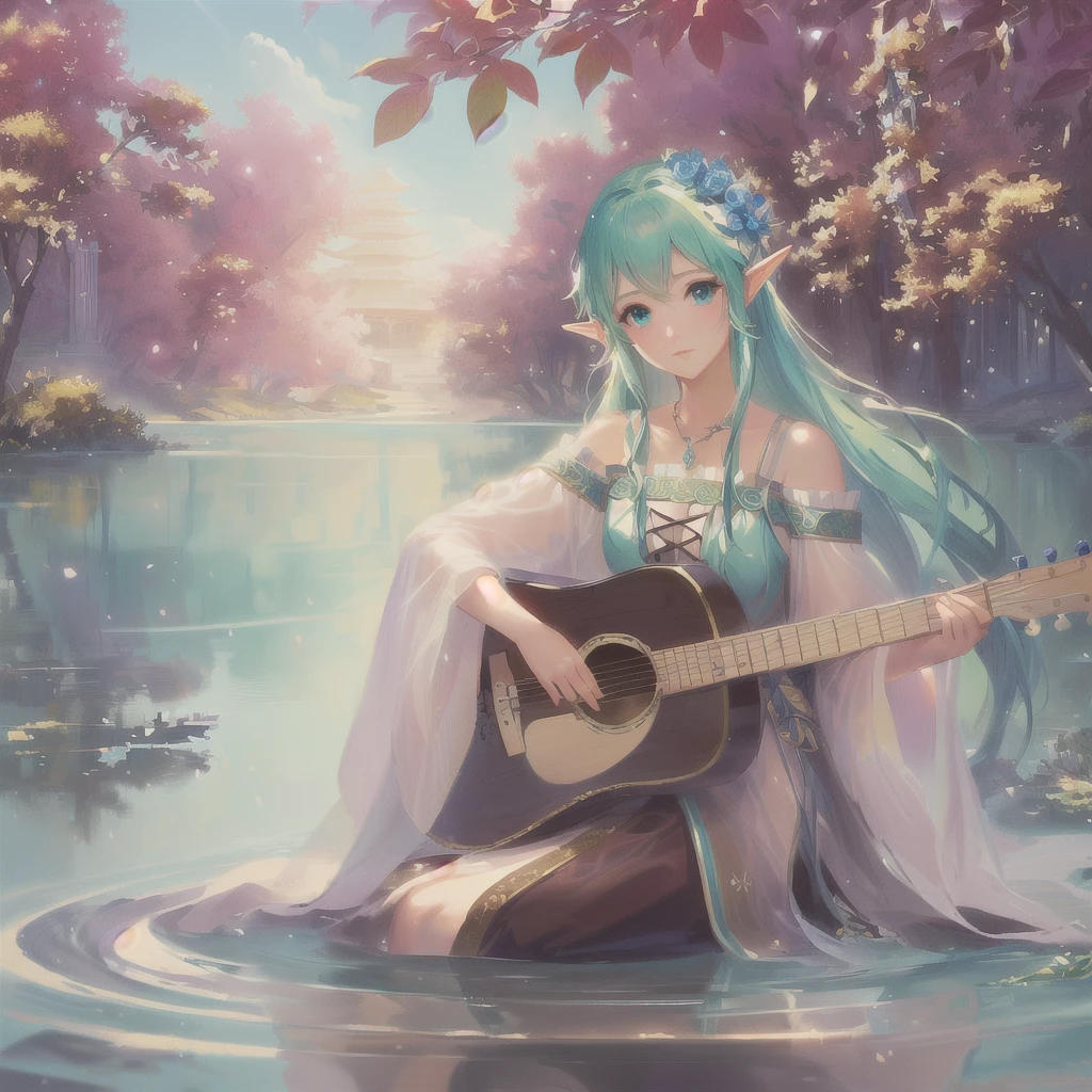 high quality、With a pagoda in the background、Anime girl playing Irish bouzouki underwater, Elven bard of the forest playing the lute, Fantasy art style, Beautiful fantasy maiden, Elf Princess, Cute and detailed digital art, beautiful Elf Princess, Elf Princess, Beautiful maiden, Beautiful fantasy art, Gweiz-style artwork, Anime fantasy illustration, very Beautiful fantasy art, Water Everware Fantasy