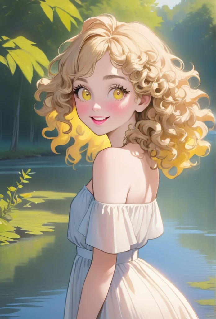 Generates a woman with very white skin, thin pink mouth, by the laugh, blonde with a straw tone , mid back hair, hazel eyes, pink cheeks and have ankles on your face naturally, shadows, sparkles, in blue yellow and pink, Curly hair, ash blonde hair, natural pale pink lips, Plump, bushy eyebrow, whole body, in front of a lake, long white dress, bare shoulders, 1820