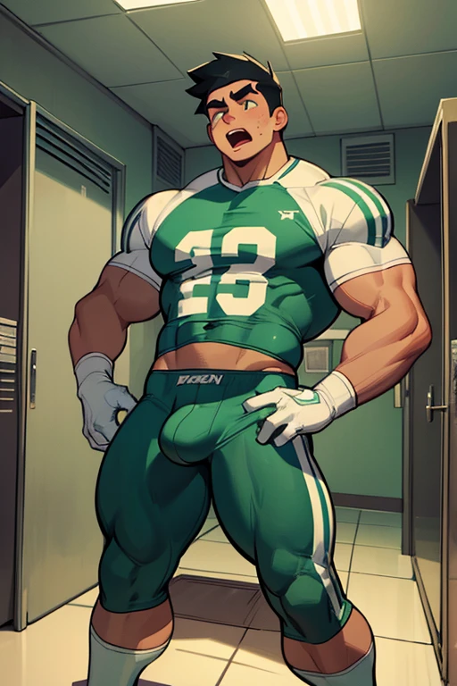 Danny Phantom, ghost, hypnosis, jock, conversion, locker room hallway, hyper muscles, jockstrap, bro, meathead, hypnotized, brainwashed, brainwashing, big dumb jock, football. Glowing green eyes. Hyper crotch bulge. Massive bulging crotch. Big . Big biceps. Big triceps. Big traps. Broad shoulders. Big meaty pecs. Big thighs. Thick glutes. Football team assimtion. Deep dull voice. glazed expression. dumber and dumber. Open mouth. Clothes turning into a football uniform. Danny Fenton hypnotized to act like a big dumb football jock and shove nerds into lockers.