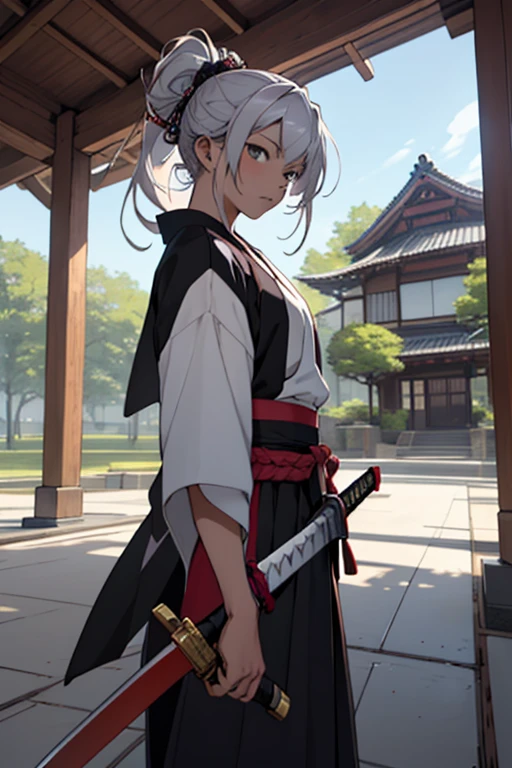 create an anime girl in a with a samurai sword in a luxurious school landscape and who is 18 years old