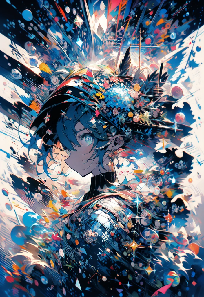 masterpiece, (beautiful and aesthetic:1.5), surrealism, highly detailed, anime, a side view painting of 1girl, wearing multicolored hoodie, blonde long hair, green eyes, red and dark blue color pallet, hard brush, gradient binary code effect, minimalist low poly collage illustration, paintings effect, heavy inking, featured on pixiv, saturated colors, hypercube, pixelsort, epic composition, epic proportion, dynamic lighting, HD