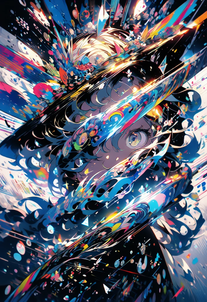masterpiece, (beautiful and aesthetic:1.5), surrealism, highly detailed, anime, a side view painting of 1girl, wearing multicolored hoodie, blonde long hair, green eyes, red and dark blue color pallet, hard brush, gradient binary code effect, minimalist low poly collage illustration, paintings effect, heavy inking, featured on pixiv, saturated colors, hypercube, pixelsort, epic composition, epic proportion, dynamic lighting, HD