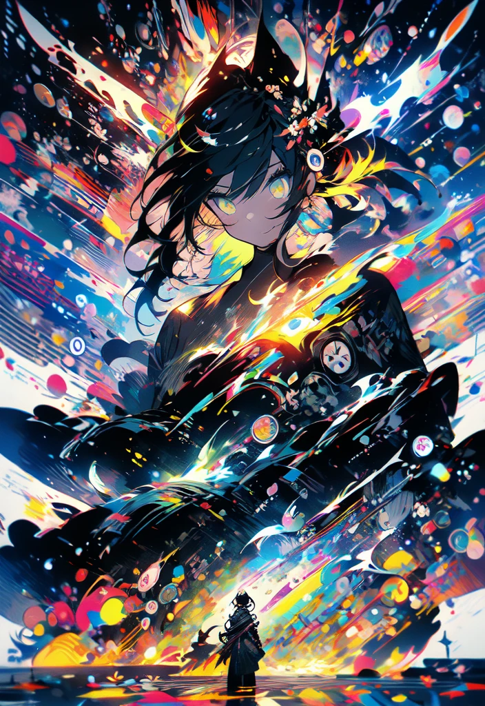 masterpiece, (beautiful and aesthetic:1.5), surrealism, highly detailed, anime, a side view painting of 1girl, wearing multicolored hoodie, blonde long hair, green eyes, red and dark blue color pallet, hard brush, gradient binary code effect, minimalist low poly collage illustration, paintings effect, heavy inking, featured on pixiv, saturated colors, hypercube, pixelsort, epic composition, epic proportion, dynamic lighting, HD
