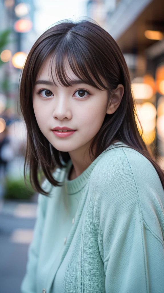 (8K, RAW Photos, Highest quality, masterpiece:1.3), (Realistic, photo-Realistic:1.4), (Highly detailed 8K wallpaper), Sharp focus, Written boundary depth, extreme close-up shot, face focus, Japanese Idols,very cute,(Baby Face),sweater, Look at us and laugh, Upper Body, Highly detailed face and eyes,((Shiny skin:1.2)), Cinema Lighting, Soft Light, Blur the background, Bokeh,(In town, Modern, stylish, Glass Wall, Open space:1.2), It's summer