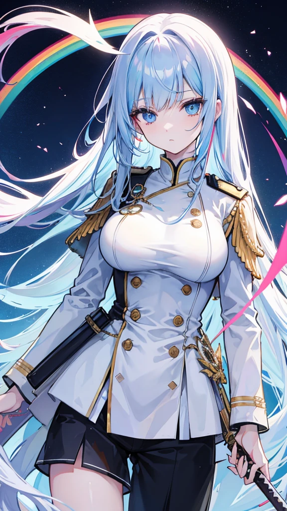 rainbow colored hair, expressionless, neat white uniform, holding a sword, very large breasts, long straight hair, blue eyes