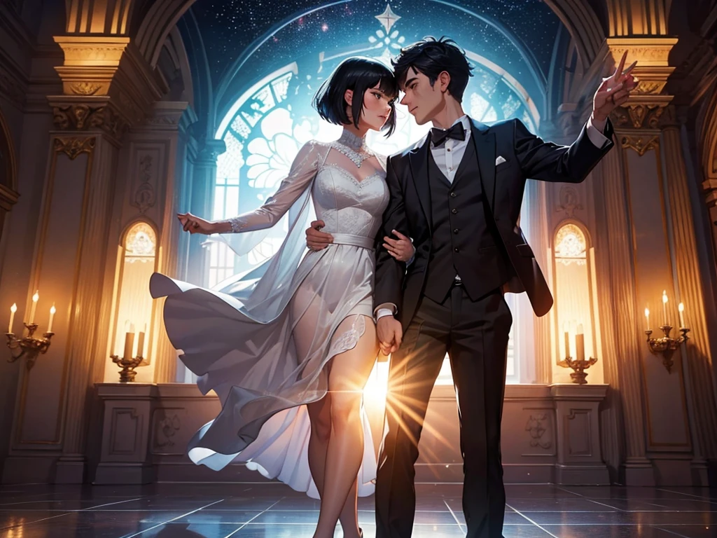 romantic couple look at each other, the man pick the woman up, black-haired mature man,Girl with black short hair with fringe (soft smile, shy),different height ((the man is taller)), glowing stars,Glow effects, the night,in the ball room,The face is clear and accurate,detail in face,super-fine,castle,16K resolution,high quality, High picture detail,dynamic viewing angle,Epic shooting,oc rendered, dancing floor, detailed light, detailed shadow