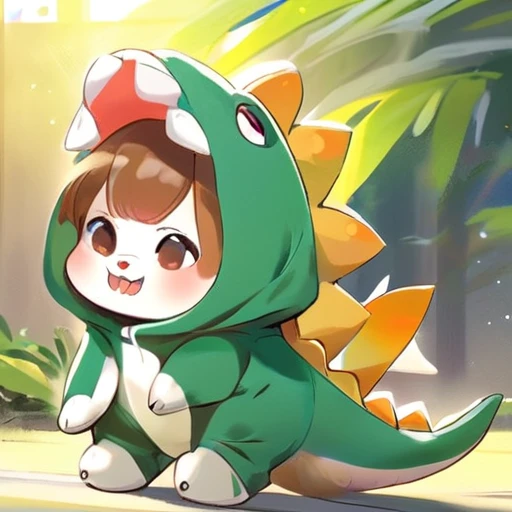 anime,dino,konglong,a 20 year old corgi wear dinosaur costume,cute,solo,sunlight,style of yoneyama mai,