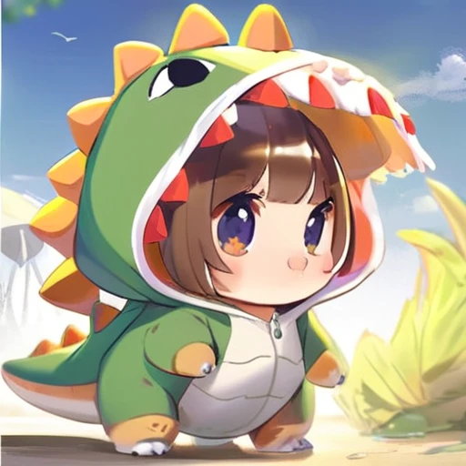 anime,dino,konglong,a 20 year old corgi wear dinosaur costume,cute,solo,sunlight,style of yoneyama mai,