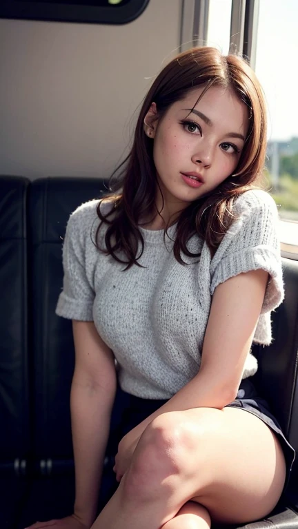 masterpiece, High resolution, Ultra High resolution, 4K, Black Hair, Japanese Girls, Uniform skirt, Accentuate your thighs, White thighs, Soft thighs, Shiny thighs, Sitting on a train, Facing angle, Angle from below, Sitting on a train Seat, Sit in front, Zoom camera to hip joint, Put your feet on the train floor, whole body, Looking down and sleepy, Only watching the audience, Highest quality, Ultra High resolution, Realistic, High resolution, detailed, RAW Photos, sharp, Nikon Film Stock Photos, Rich lens color, Ultra-realistic and realistic texture, Dramatic lighting, Unreal Engine,