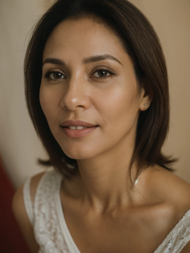 Liliana, 1girl, solo, realistic, photorealistic, high quality picture, 8k, high resolution, detailed quality, film grain, natural photo, ultrarealistic, (((40-years-old))), ((detailed wrinkles in her face)), LATINA, (Background: Dominican Republic), (((SLIM))), ((THIN)), (Slender) ((Short Straight hair)), come hither look, fully clothed, wearing pajamas, Pose: laying down, ((laying down on a hotel room in Dominican Republic)), Night time, full shot