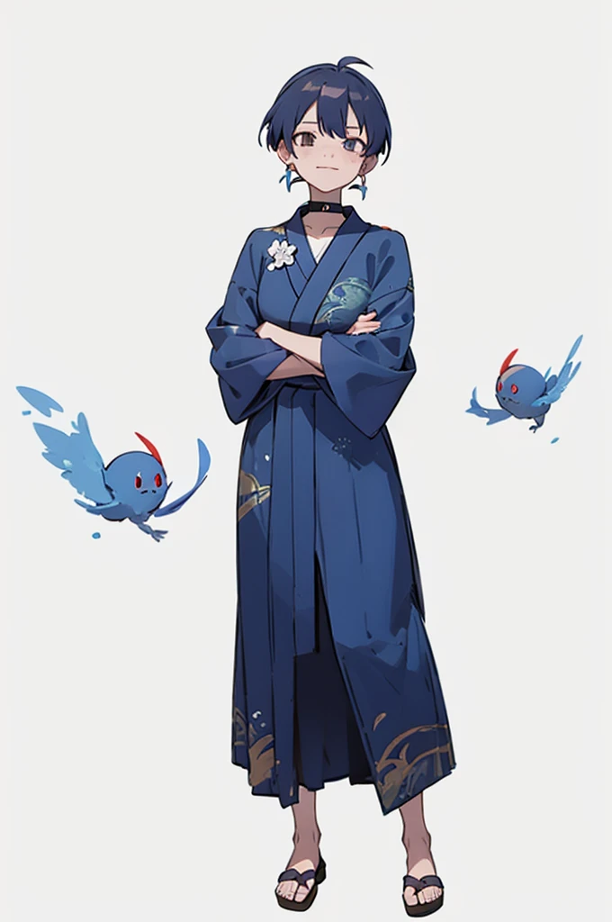Blue and green yukata、Red and blue hair、Mischievous face、Choker on neck、Big earrings、The earrings are red、Arms crossed、Only the mouth is smiling、Straw sandals、Choker on right leg、Shoulders are out(whole body、Are standing、、White background)