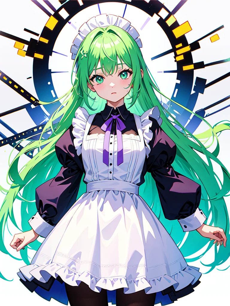 sketch (Character design sheet, same characters, whole body, Three-View, front, ~ ~ ~ side, return) and  watercolor画, （Gradient braided hair, (Ink blotches:1.1), (pale:1.2),(Light purple:1.2),(Light green:1.2)　and wearing a maid outfit 　Mature face,tall, Wearing black tights,Green Eyes, The skin is hidden　and 1 female, Nervous,Cowboy Shot,,(Very bright:1.1), White Background, [1 Girl:7], (Tilt your head:1.2), ([sketch|watercolor \(Moderate\)]:1.15),Chaotic Abstract Background, Vector Trace, Gradient Blending, Bright colors, that&#39;wonderful, Very detailed, Complex, (Very low contrast:1.4