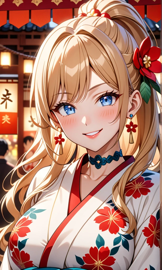 ultra-detailed, ((one girl)), hyper detailed, absurdres, 8K, Beautiful Face, (Laugh shyly), ((teasing smile:1.8)), ((Wink:2.0)), (Laugh with your mouth wide open),(Tilt your head:1.3), View your viewers, ((Bright red cheeks:1.6)),Glossy Red Lips, ((Big Breasts:1.5)) night, Shrine festival stalls, (Brighten your face), ((Anime style background)),masterpiece, Highest quality, so beautiful,Latest, Complex details, (Pink long nails), (nail art), (ring),(bracelet), (Floral Choker),AI-generated, Complex,High resolution, Highest quality, super high quality,3D Images、3D Images,One person,Blonde long hair,(High Ponytail), (Wavy Hair), Anime woman posing for a photo, ((Fine grain、blue eyes、glistening eyes:1.5)), (Squint your eyes:1.1),a hyperRealistic , hyperRealistic , Realistic,Long blonde anime woman, Smooth anime CG art, Pink large floral patternの刺繍が入った、A girl in a gorgeous kimono, ((White long-sleeved kimono)),(Pink large floral pattern) ,Long flower hair ornament,Floral Earrings,Mature Body, tall,Abdominal muscles,Tight waist,((Zoom in on face:2.1)), (front view),