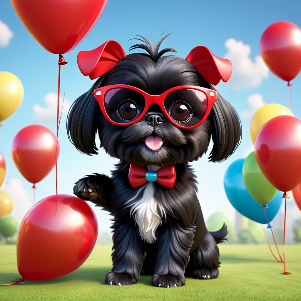 2 Adorable small black Shih Tzu puppies red sunglasses balloons flying 3d cartoon 3d render disney pixar style
