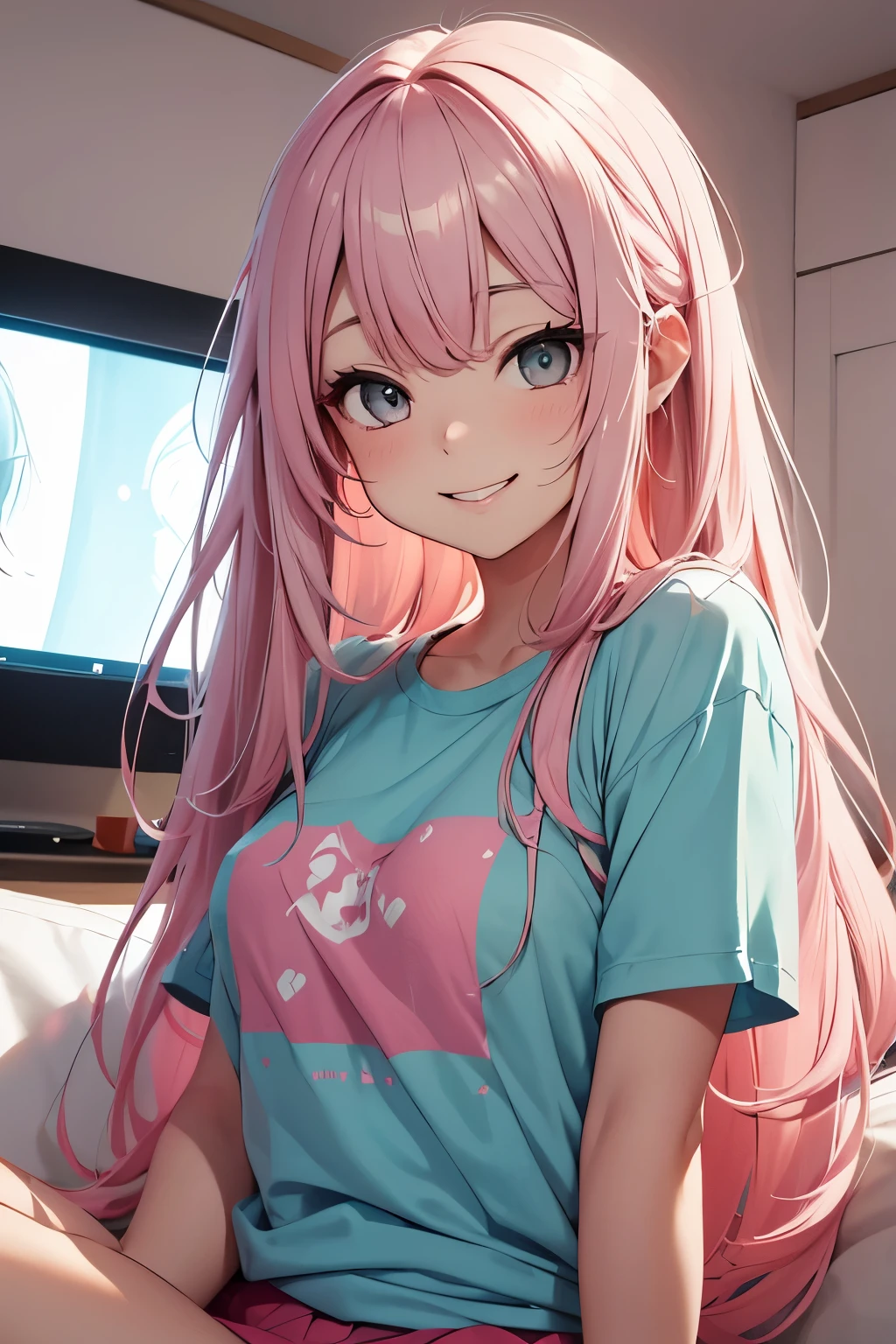 a cute girl smile with pink and long hair, breast, wearing t-shirt, gamer, Watching TV , looks at the camera, by style of onii kei, dreamy and romantic, light gray and light amber, jagged edges, light teal and light red, timeless beauty, 8k